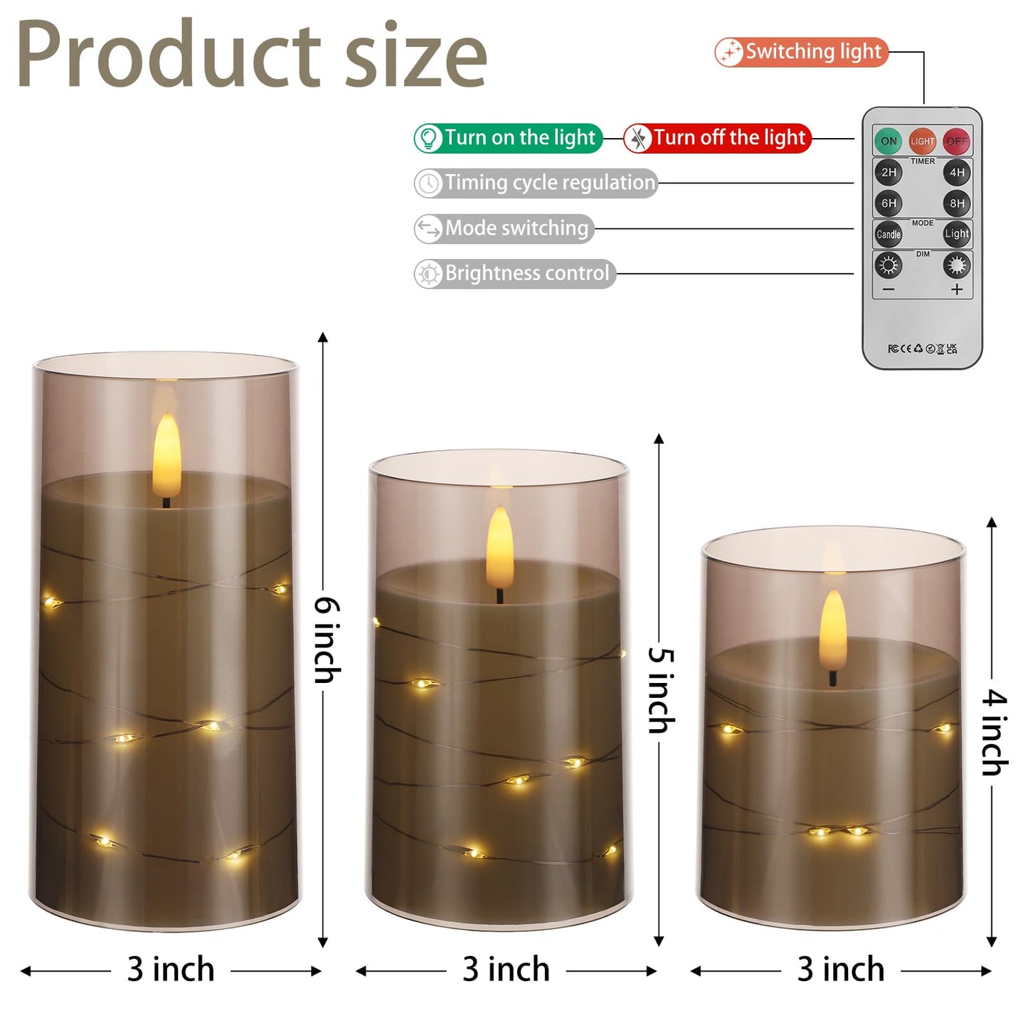 Flickering Flameless Candles with Timer - Durable Acrylic Glass Shell, with Embedded Star String, Battery Operated Candles with Remote for Romantic Ambiance and Home Decoration (Set of 3, Grey)