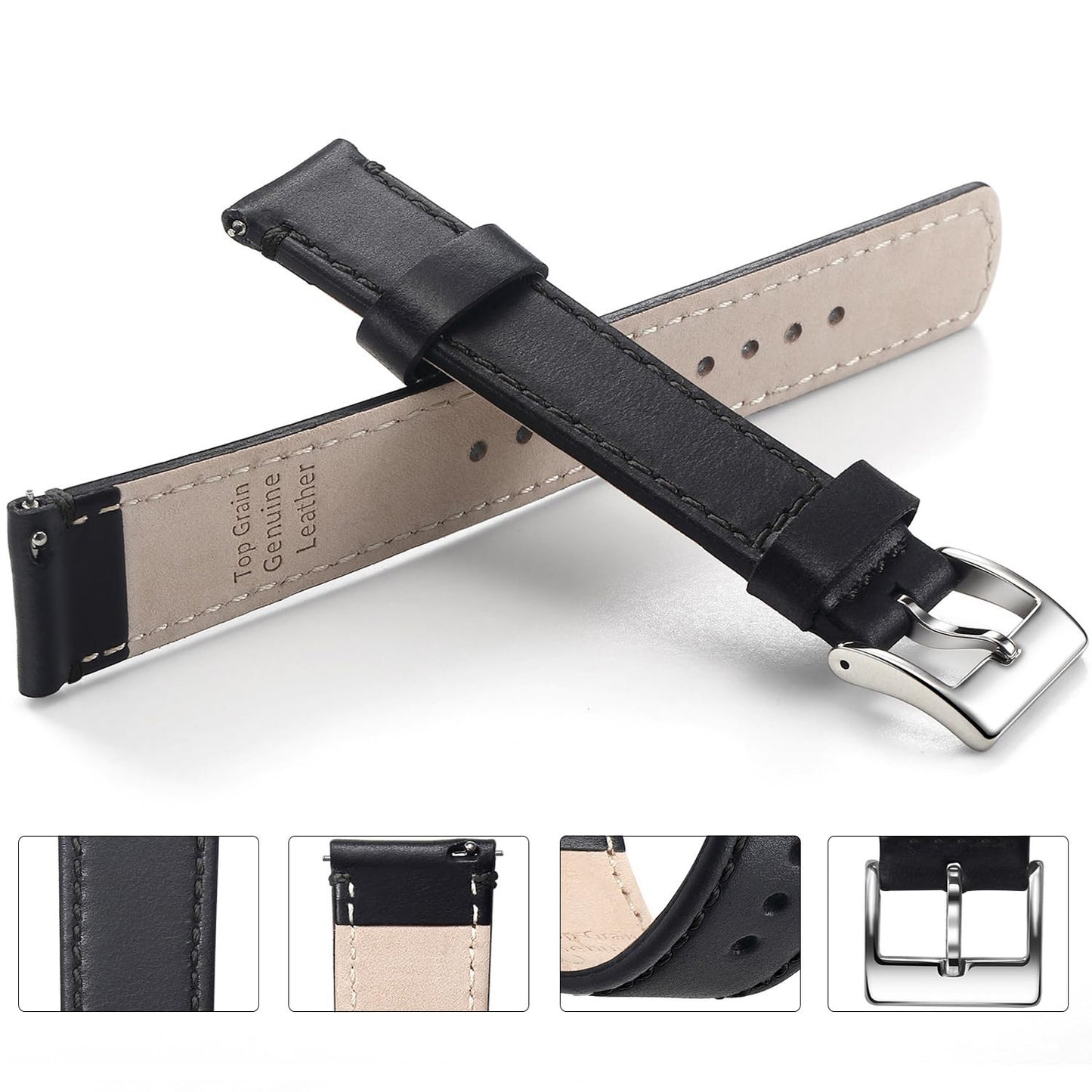 Artthurse Top Grain Leather Watch Band, Quick Release Genuine Leather, 18mm 20mm 22mm Watch Strap for Men and Women (Black/Silver, 20mm)