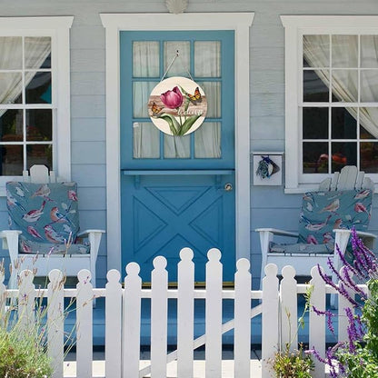 Farmhouse Front Porch Decor Door Hanging Retro Beautiful Tulip Butterfly 12in Round Wooden Hanging Housewarming Home Decor Present
