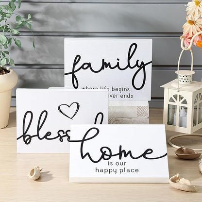 Jetec 3 Pcs Family Home Blessed Rustic Wood Sign Mini Wood Decorative Farmhouse Woodworks Table Shelves Decorations Sign for Bedroom Kitchen Living Room Table Decor(White,5 x 7 x 0.59 in)