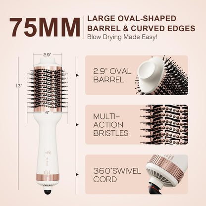 110-240V Travel Brush Hair Dryer, Small Hair Straightener Brush with European Plug Adapter for International Travel, 4 in 1 Hot Air Styler & Dryer for Drying Straightening Curling Volumizing