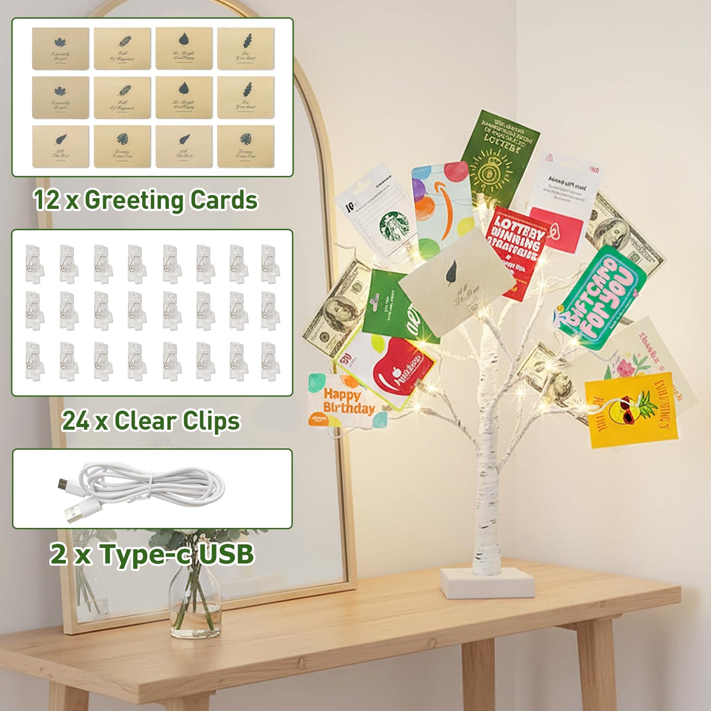 EAMBRITE Money Tree Gift Holder, Gift Card Tree 2FT 24LED, Lighted Birch Trees Battery/USB Powered Timer Photo Display with 24 Clips and 12 Cards for Home Graduation Christmas Picture Memo 2 Pack