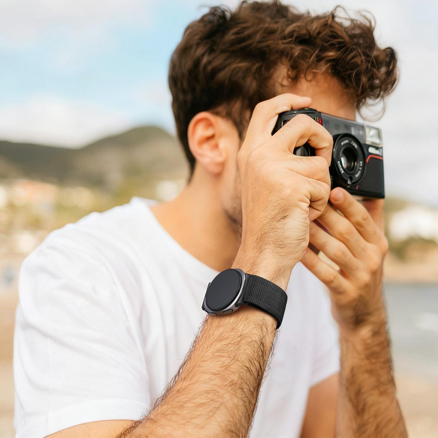 Stretchy Nylon Band Compatible with Samsung Galaxy Watch 8 Bands 40mm 44mm/ Watch 8 Classic 46mm, No Gap Wristband Sport Strap for Galaxy Watch 8 2025 Men with Magnetic Fidlock V-Buckle, Black L