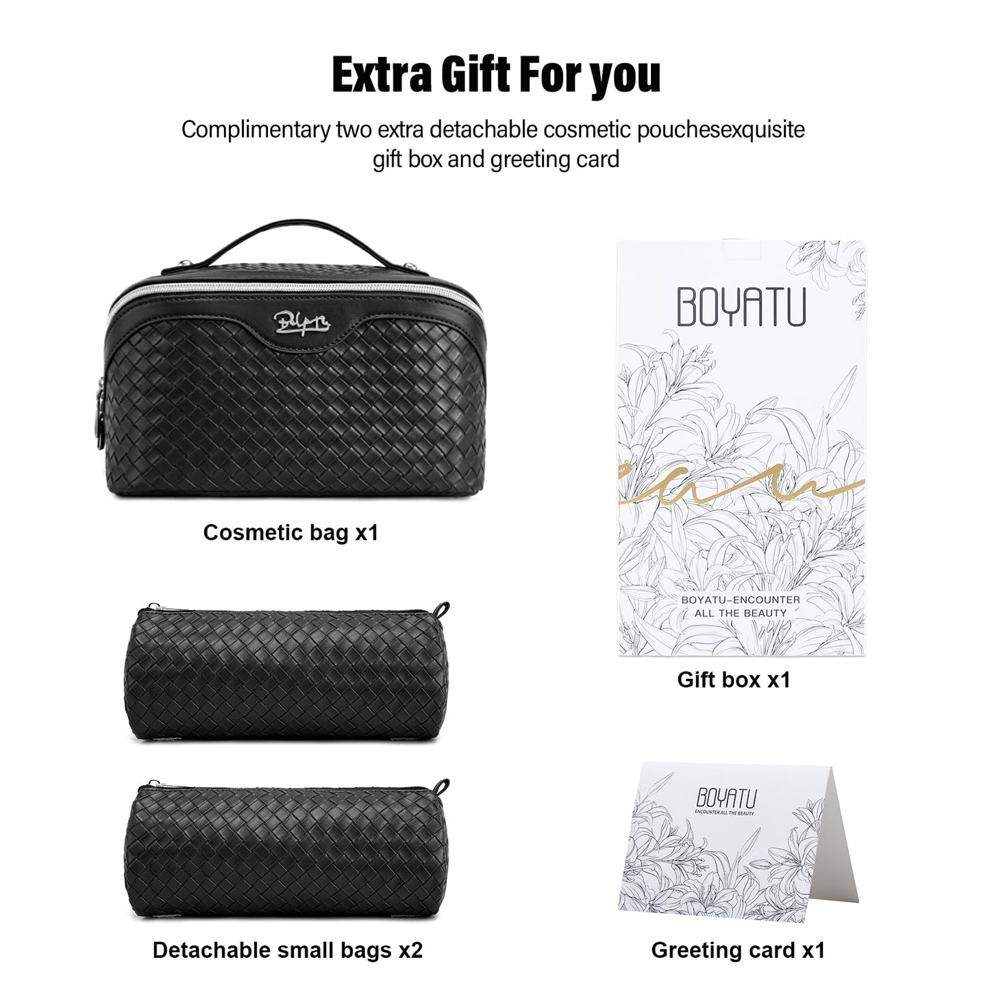 BOYATU Travel Makeup Bags for Women: 3 Pcs Large Make up Bags Set - Vegan Leather Cosmetic Bag for Traveling - Waterproof Toiletry Organizer (L05 Black)