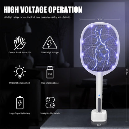 Lulu Home 2-in-1 Electric Bug Zapper Racket, 2 Pack 3000V High Voltage LED Lighted Handheld Mosquito Swatter with 3 Layer Safety Mesh, USB Charging Portable Fly Killer Racquet