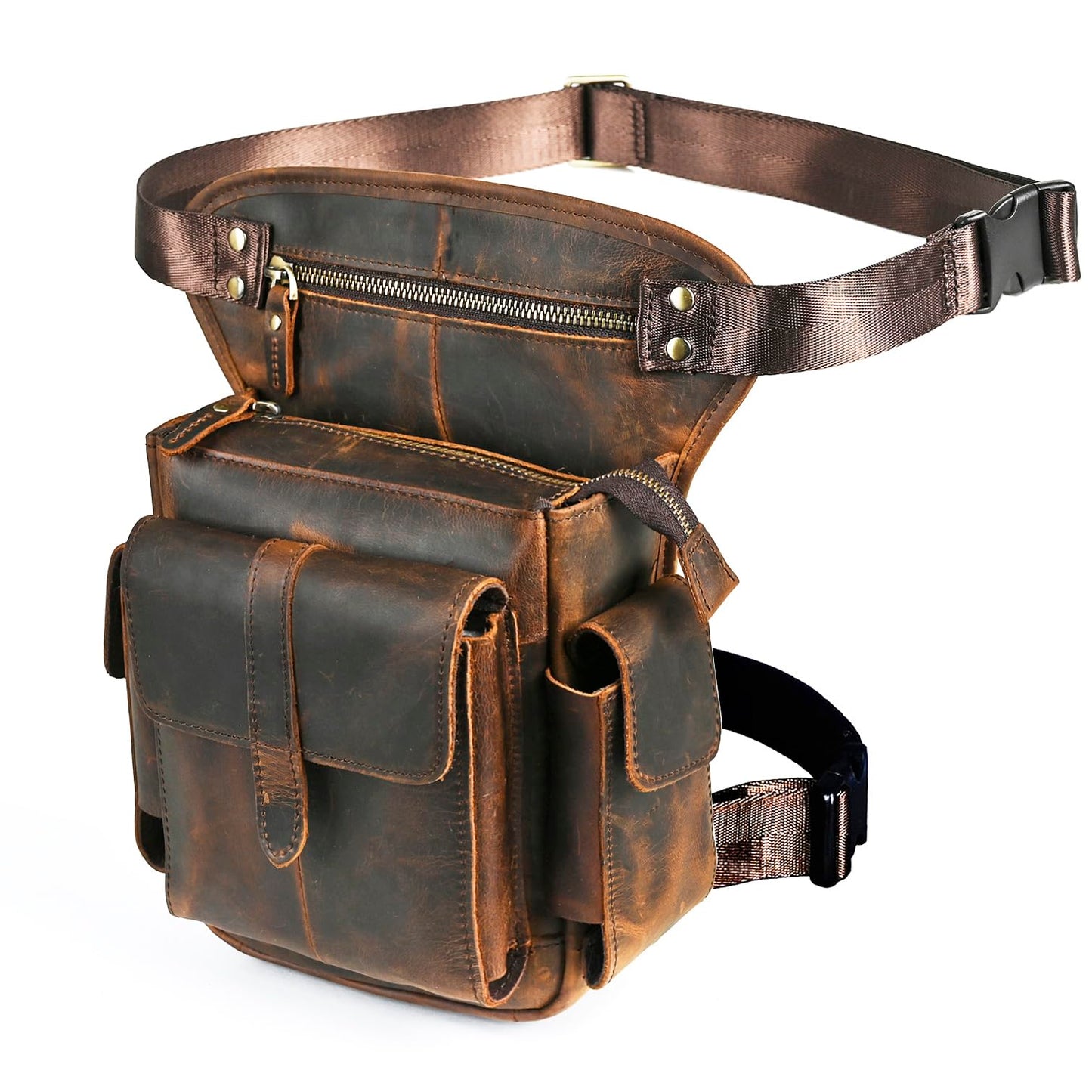 Handadsume Water Resistant Canvas + Leather Motorcycle Travel Fanny Waist Pack Drop Thigh Leg Bag Pouch For Men Women FB913-5 (100% Genuine Leather-Brown)