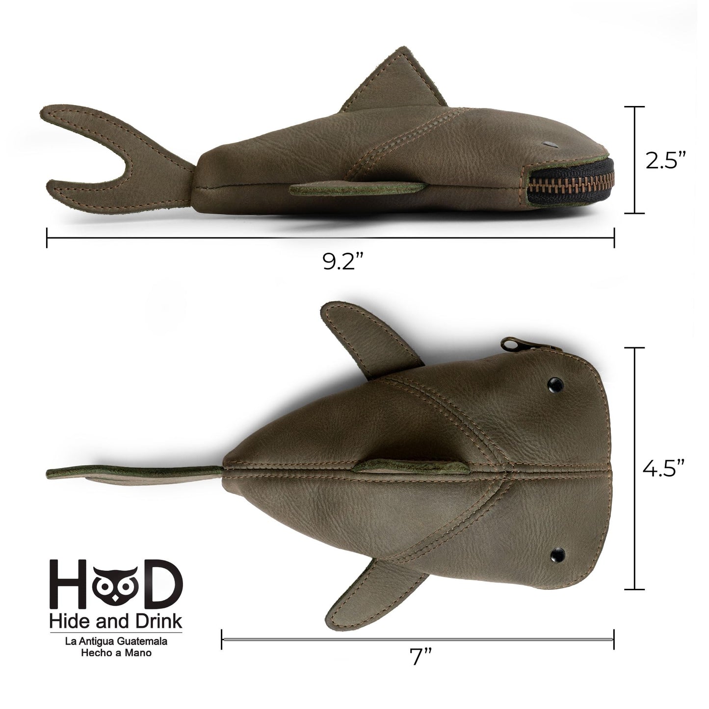 Hide & Drink, Full Grain Leather Zipper Coin Pouch, Change Bag, Pencil Purse, Scissors Case, Shark Shaped Cable Holder, Wallet, Makeup, Stuffed Animal, Handmade, Dark Jade