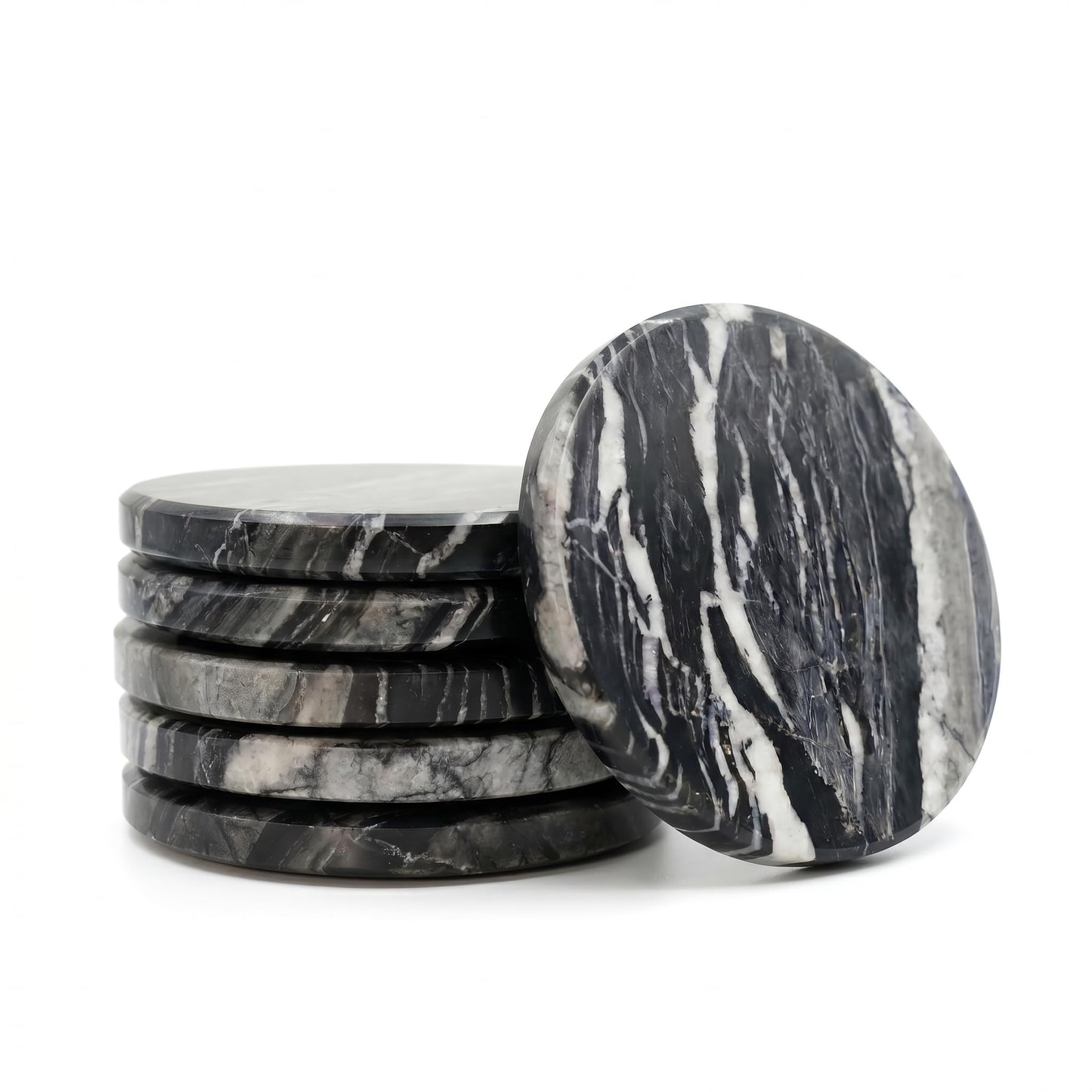 Adepies 3.5" Round Marble Coasters Set of 6, Black Natrual Water-Resistant Stone Drink Pads, Handmade Polished Cup Mats, Non Slip Backing, Office Bar Coffee Table Decor, New Home Housewarming Gifts