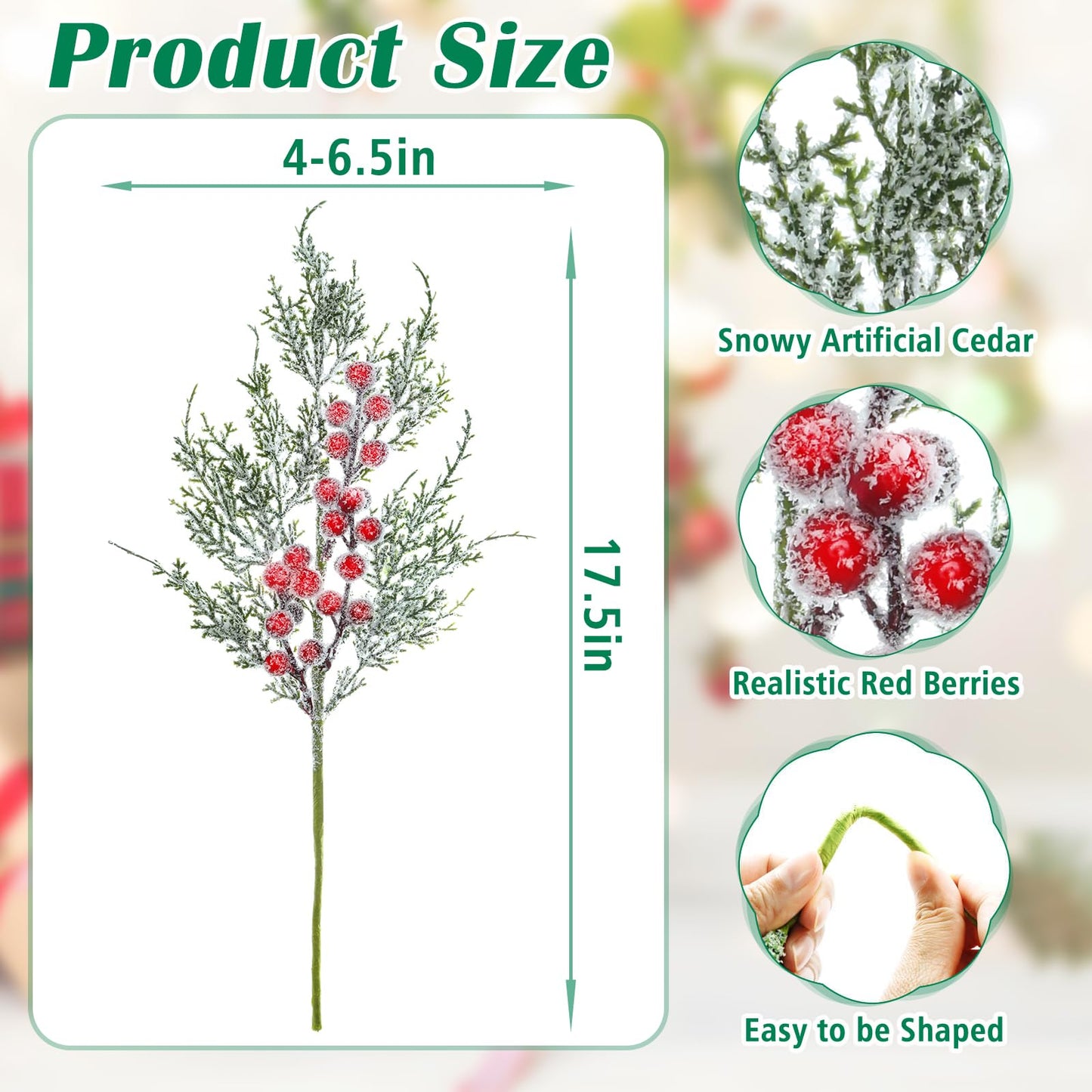 FloraSea 4 Pcs Christmas Picks, 17.5 Inch Artificial Christmas Flowers Picks Spray for Christmas Tree Wreath Floral Arrangement Vase Winter Holiday Season Décor