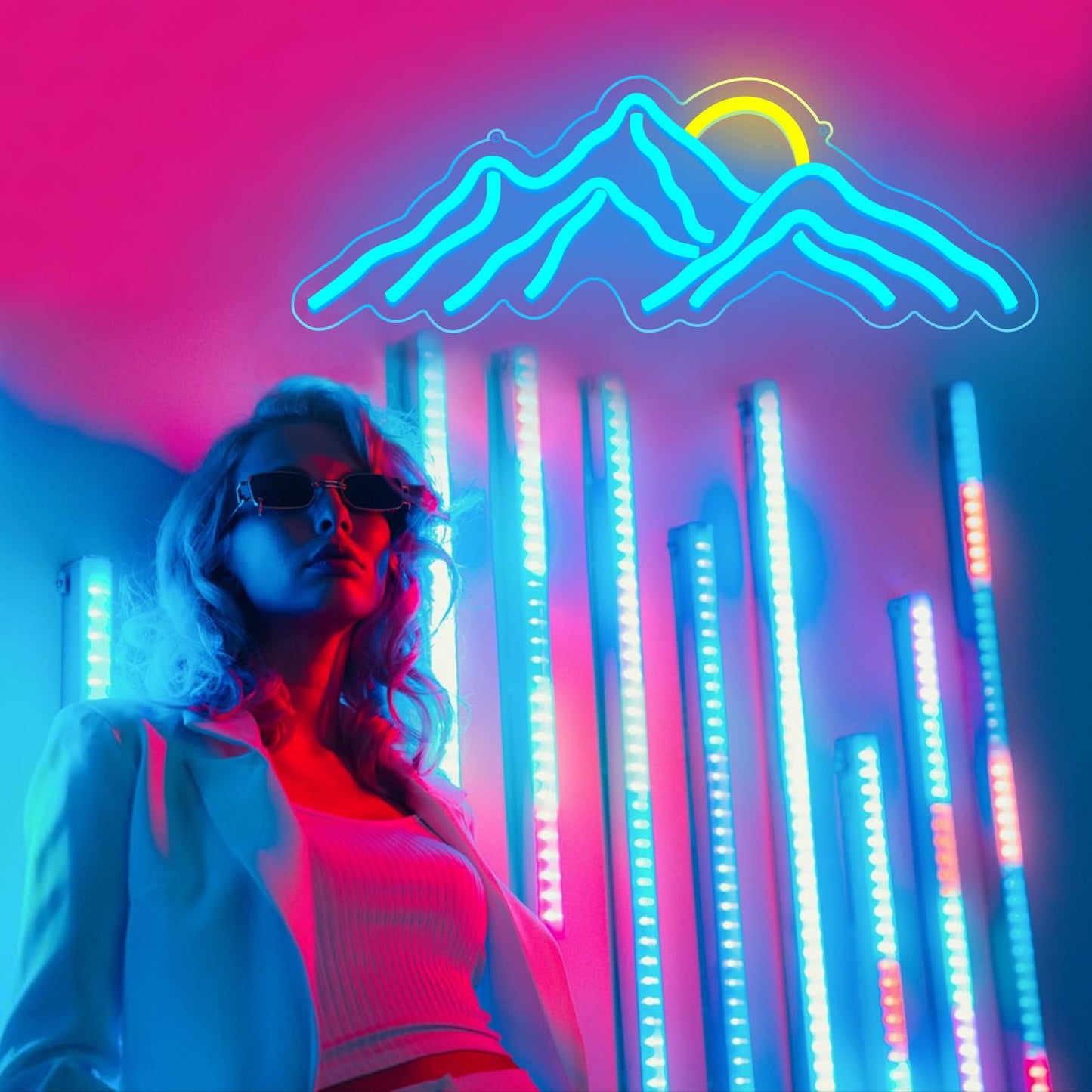 Mountain Sunset Neon Signs for Room Decor LED Signs For Bedroom Wall Neon Lights for Home Party Wedding Christmas Decorations USB Powered(Ice Blue)