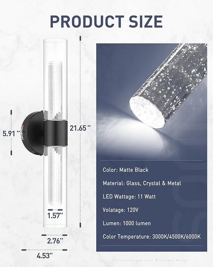 kudos Black Bathroom Sconces Wall Lighting, LED Wall Lights with Crystal Bubble and Clear Glass, 3000K/4500K/6000K Adjustable, KDVL05-BK-2