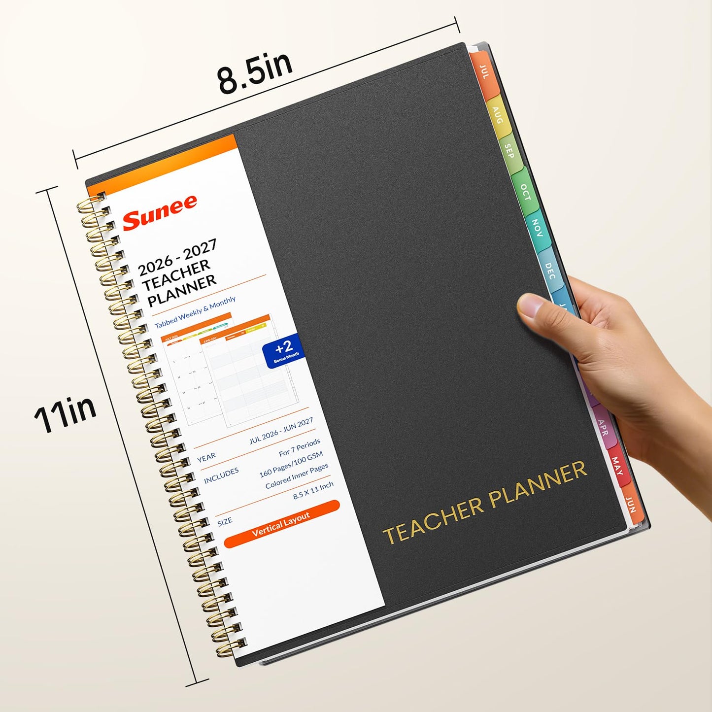 SUNEE Teacher Planner 2026-2027 Academic Year, 7 Periods Lesson Plan Book Jul 2026 - Jun 2027, 8.5"x11" Daily Weekly Monthly Organizers Vertical Layout with Calendars, Bookmark, Waterproof Cover, Black