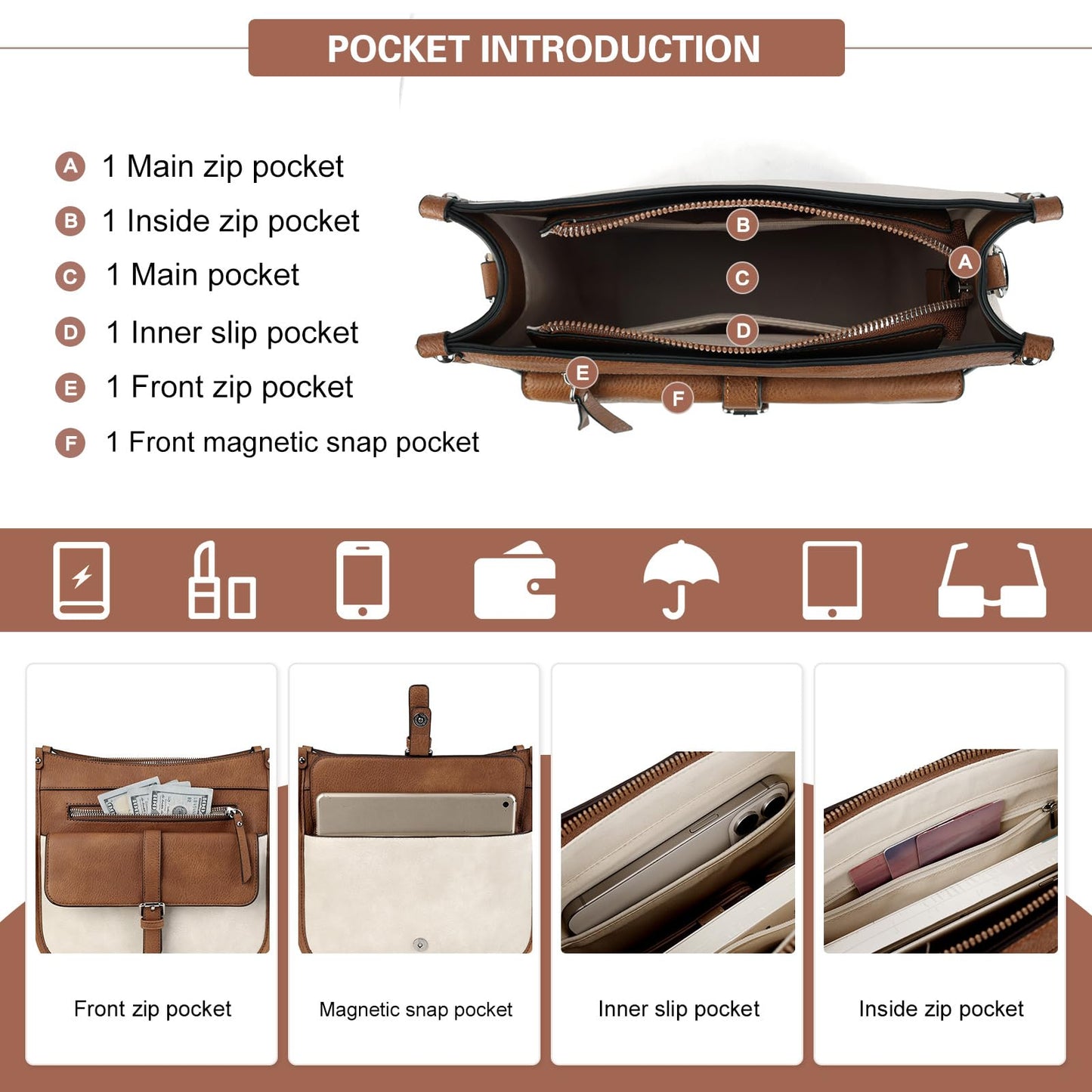 Zhanzong Medium Crossbody Purse for Women, Multi Pocket Shoulder Handbag with Wide Strap for Everyday Use, Shopping, and Travel(Brown)