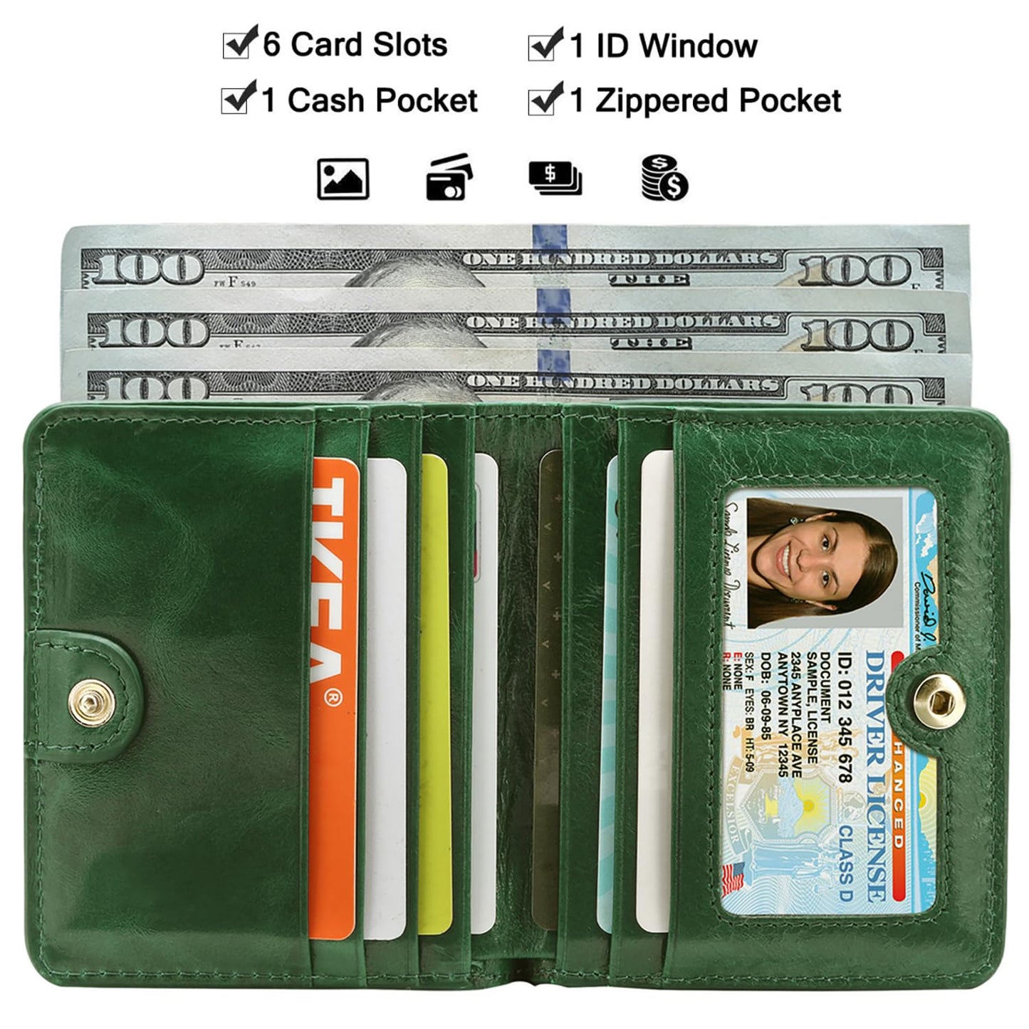 Itslife Women's RFID Blocking Small Compact Bifold Waxed Leather Pocket Wallet Ladies Mini Purse with ID Window (Dark Green)