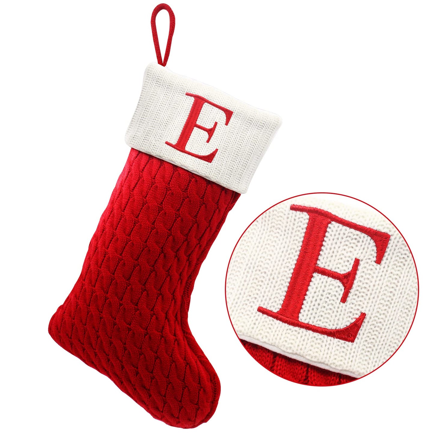 ZOEA 20 Inches Christmas Stockings with Initials, Large Embroidered Letter Knit Christmas Stocking for Family Holiday Decorations and Xmas Gift (E, Red)