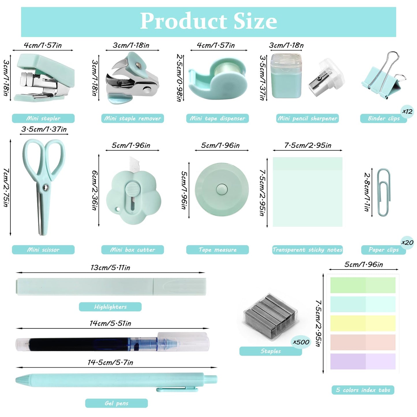 Mini Office Supplies, Teal Stapler with Staples and Tape Dispenser Set, Mini Stationary Kit Includes Sticky Notes Index Tabs Highlighters Gel Pens for Office & School Supplies (Teal)