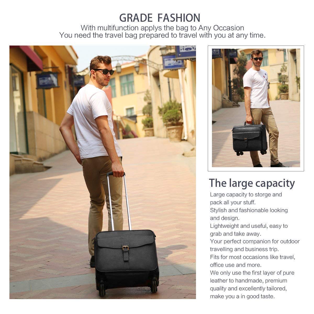Leathario Leather Rolling Laptop Case Wheeled Briefcase Suitcase Roller Boarding