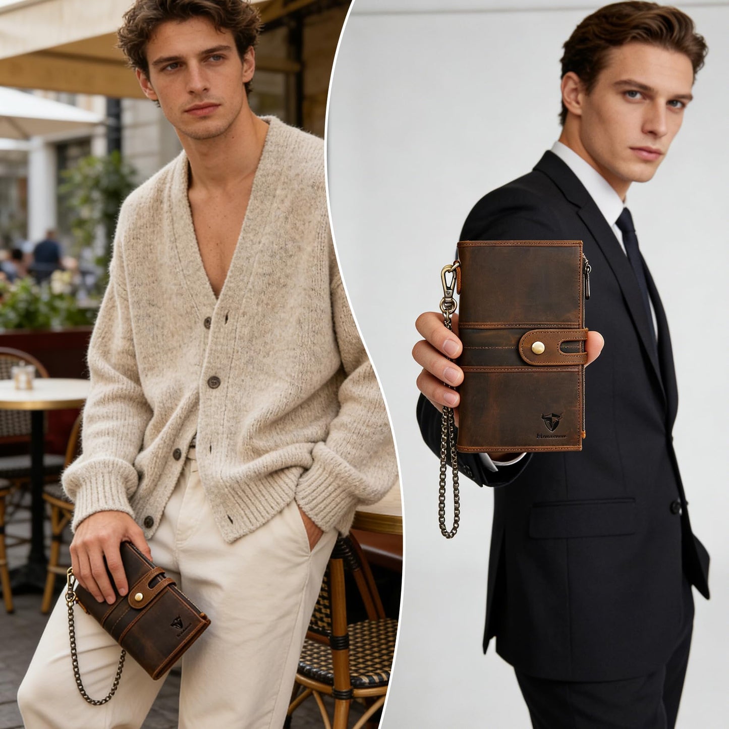 Handadsume Genuine Crazy Horse Leather Travel Gift Coin Pocket Card Case Long Organizer Chain Rfid Wallet Purse With Snap For Men Male 1803 1815 (1815 Brown)