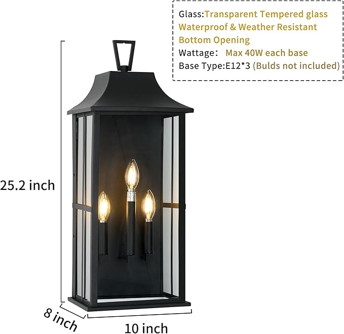 Patio Wall Light Fixture Outdoor Wall Lighting, 25" Large Outside Modern Wall Sconce Lantern, Industrial Porch Light Wall Mount, Waterproof Farmhouse Exterior Lamp 3-Light,Bulbs Not Included