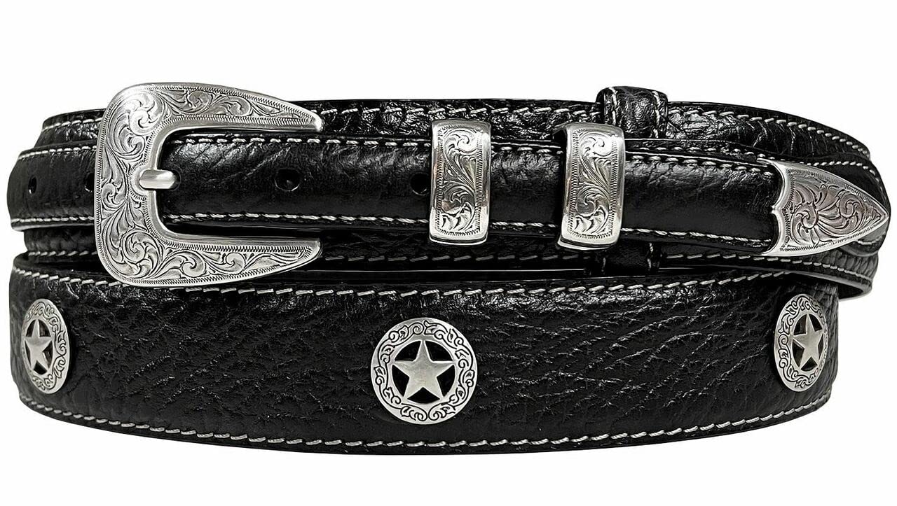 Silver Engraved Ranger Star Concho Genuine Leather Western Ranger Belt (Black, 42)