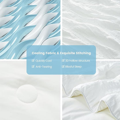Cozy Bliss Cooling Comforter Twin Size Seersucker Plaid, Q-Max 0.4 Reversible Lightweight Cooling Blanket, Breathable Silk Smooth Summer Bedding Quilt for Hot Sleepers Night Sweats White