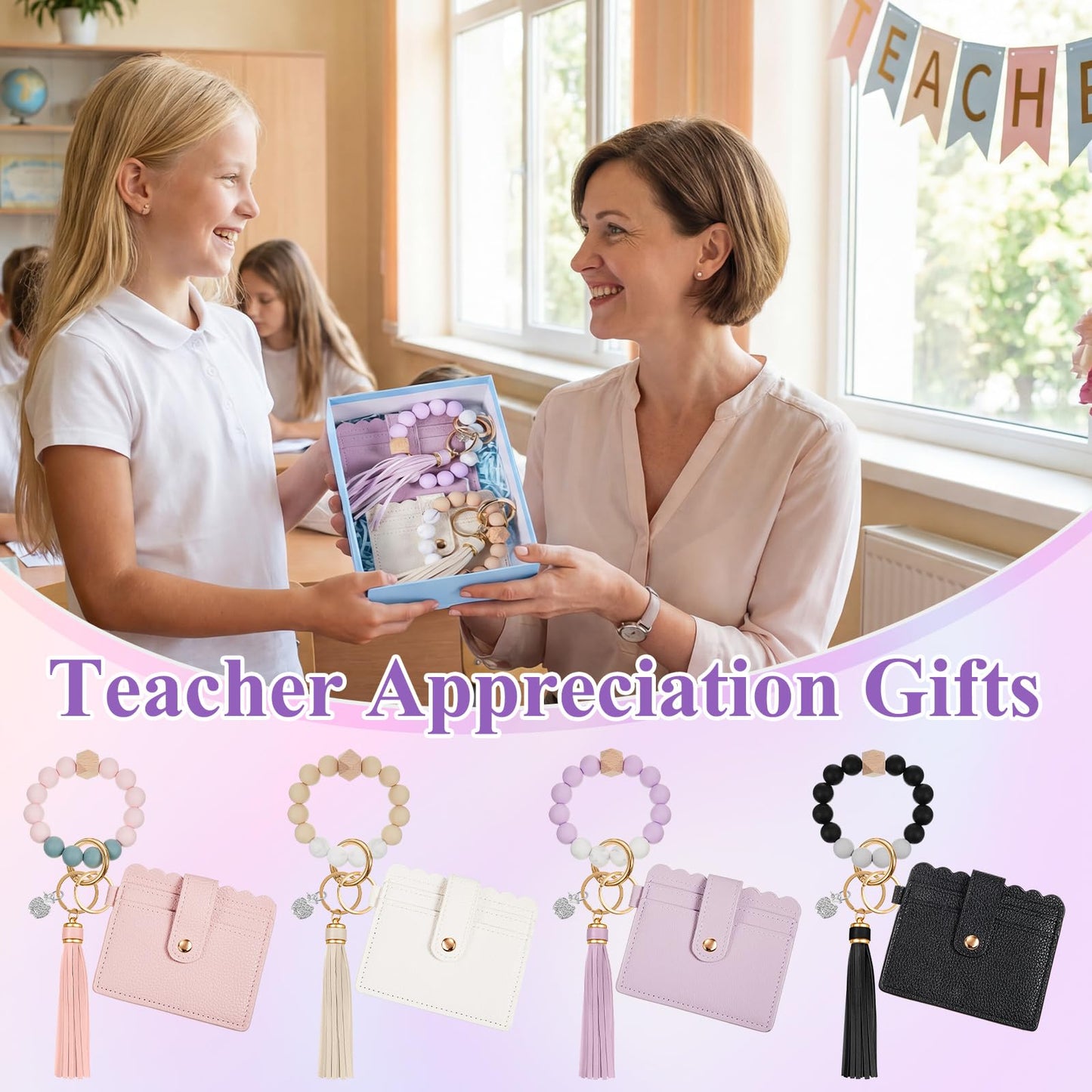 Landical 1/4/6 Set Teacher Appreciation Gift Bulk Wristlet Keychain Bracelet for Women Car Key Chain Thanks Card Giit Bags(Card Holder,Vibrant,4 Sets)