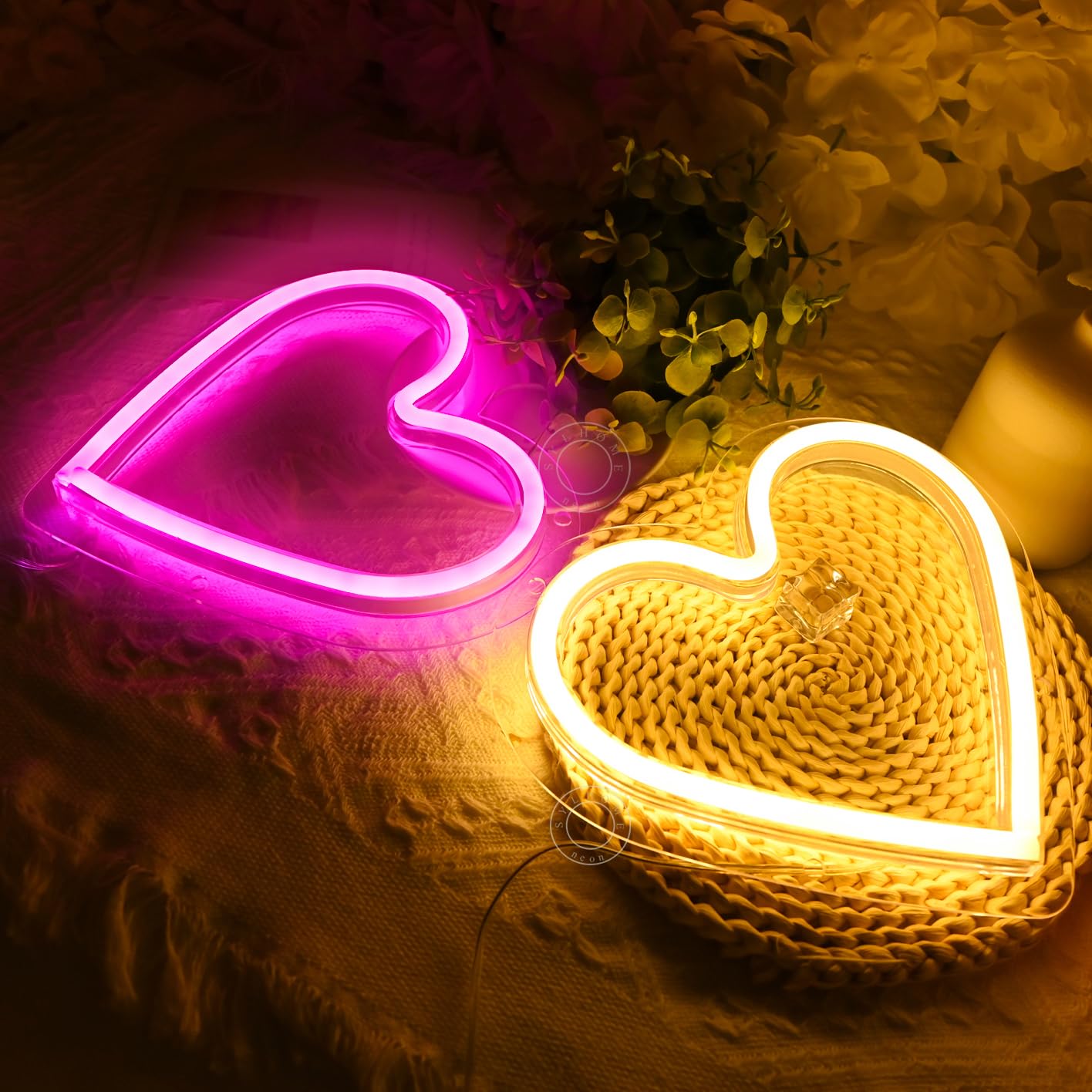 SYLHOME 2 Pack Heart Led Neon Light Sign Battery Operated or USB Powered Bedroom Wedding Wall Sign Decor Birthday Christmas Gifts USB 7.87" X 7.28" Pink & Warm White