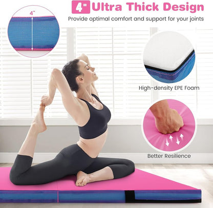 Goplus Thick Folding Gymnastic Mat - 4" Bi-Fold Fitness Mat with Carrying Handles & PU Leather Cover | Ideal for Home Gym Workouts