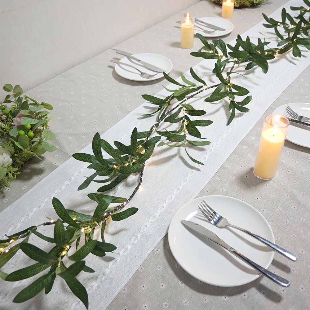 6.56FT Lighted Olive Garland with Lights 96 LED 8 Modes Battery Operated with Timer Artificial Greenery Vine Garland with Lights for Mantel Fireplace Table Wall Patio Wedding Holiday Spring Decoration
