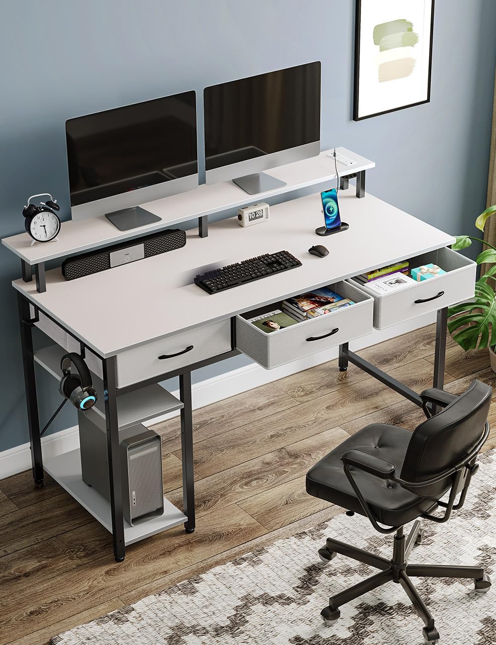 Rolanstar Computer Desk with Power Outlets & LED Light, 39 inch Home Office Desk with 3 Drawers and Storage Shelves, Writing Desk with Monitor Stand, Work Desk for Home Office,White