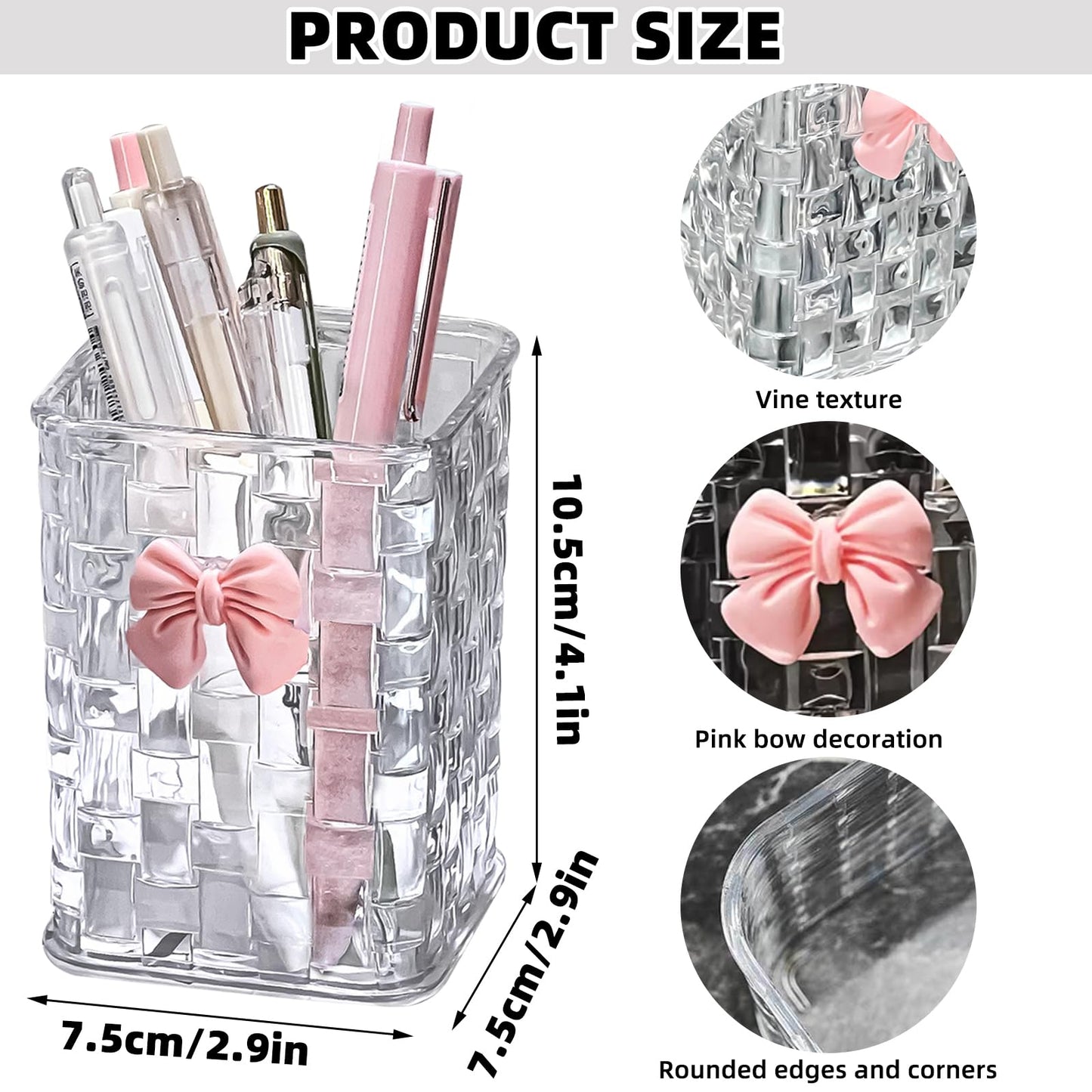CCREDONE Acrylic Pen Holder for Desk, Clear Pencil Organizer Makeup Brush Cup Holders with Bow Back To School Accessories for Teachers Appreaction Present (Transparent)