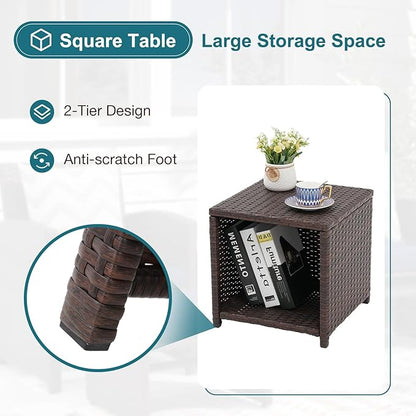 OC Orange-Casual 5 Pcs Patio Conversation Set Balcony Furniture Set with Cushions, Brown Wicker Chair with Ottoman, Storage Table for Backyard, Garden, Porch, Blue