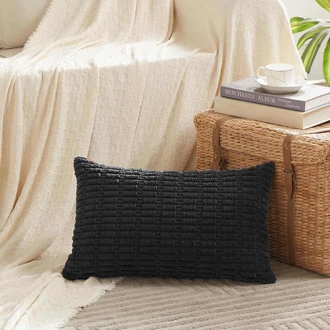 Fancy Homi Black Decorative Throw Pillow Covers 12x24 Inch for Living Room Couch Bed Sofa, Rustic Farmhouse Boho Home Decor, Soft Striped Corduroy Square Cushion Case 30x60 cm