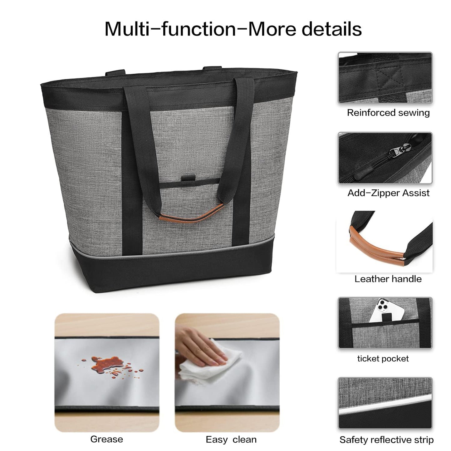 TIIOCTI Large Insulated Cooler Tote Bag, Reusable Grocery Cooler Bag, Collapsible Soft Cooler for Frozen Food, Picnic, Beach and Shopping, Grey