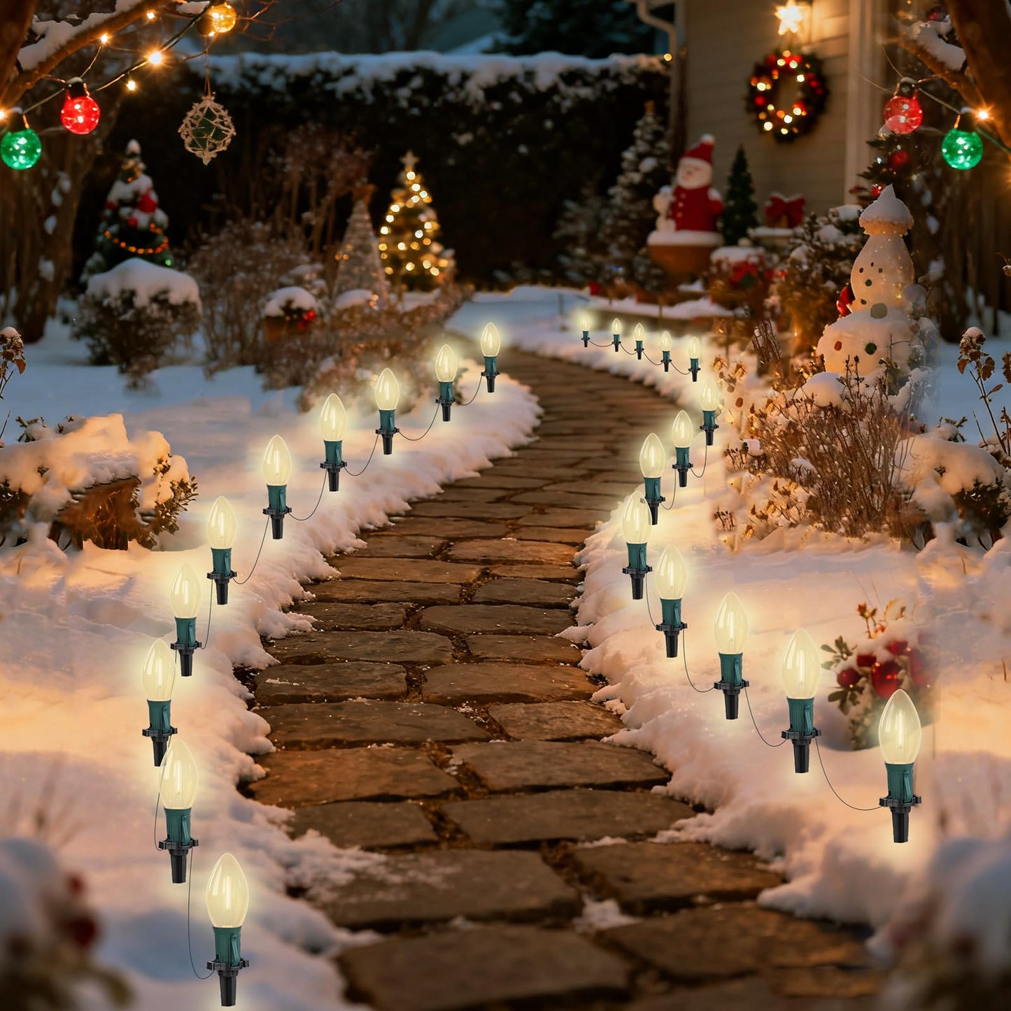 C9 Christmas Pathway Lights Outdoor 38Ft Connectable C9 LED Christmas String Lights with 25 LED Warm White Stakes Lights for Walkway Outdoor Yard Driveway Lawn Decorations