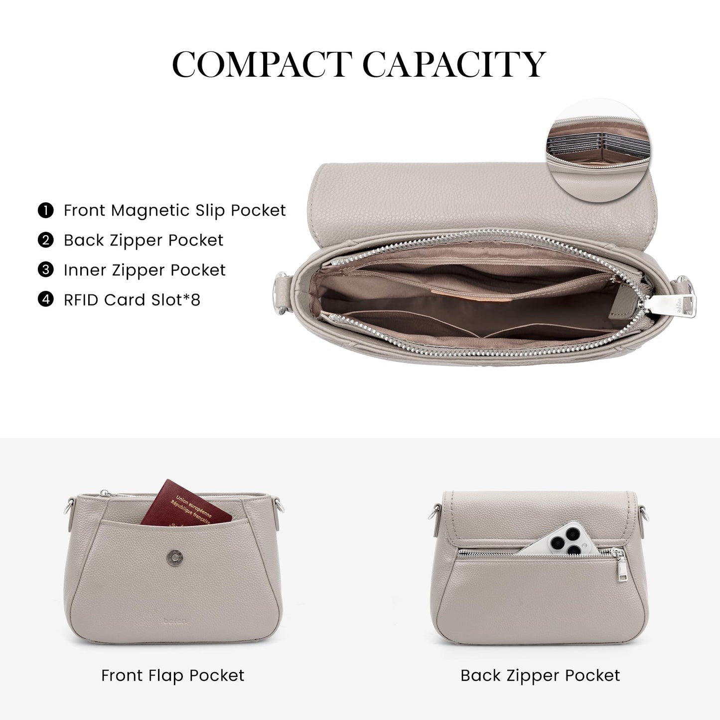 befen Real Leather Crossbody Saddle Bag Purses for Women Built in RFID Locking, Medium Cross Body Shoulder Handbags with Adjustable Straps - Grey Purse for Women
