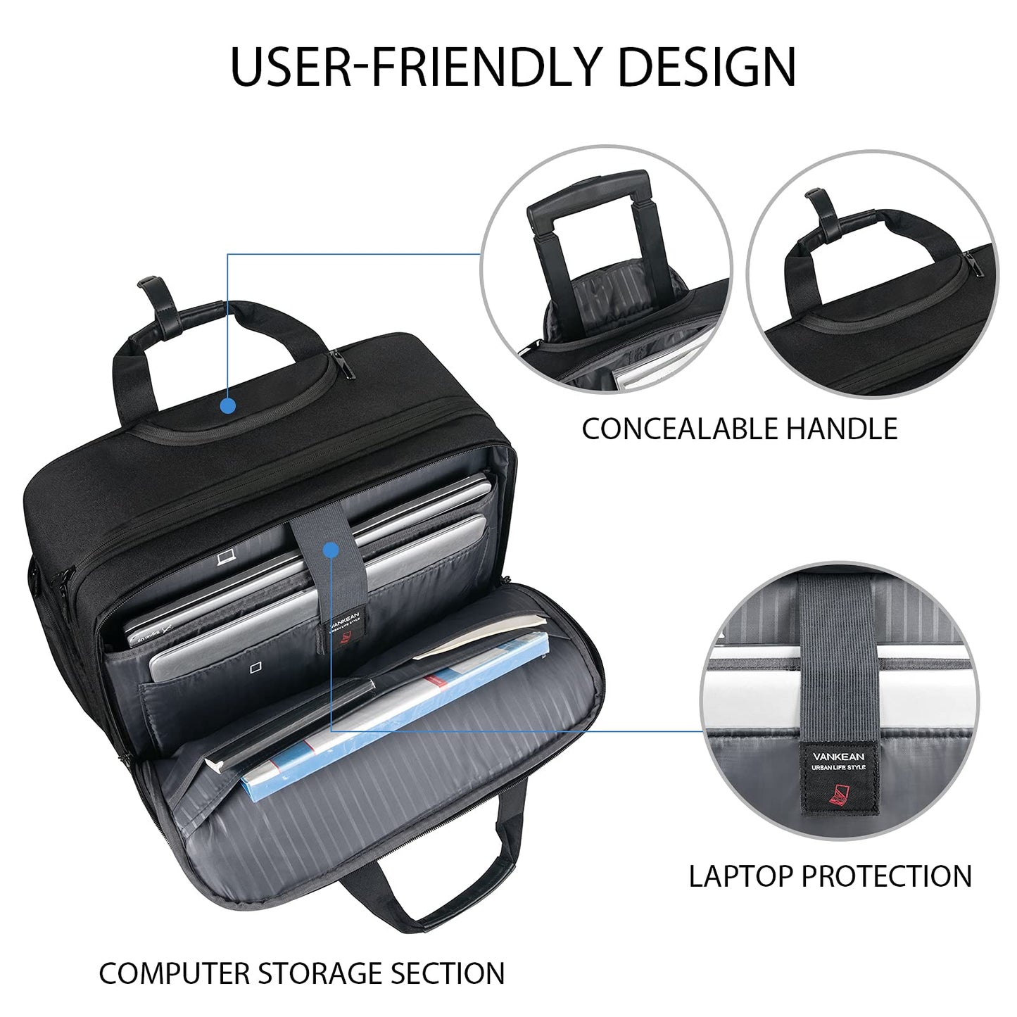 VANKEAN 17.3 Inch Rolling Laptop Bag, Waterproof Overnight Rolling Bags, Laptop Bags for Travel/Work/Business, Stylish Carry on Briefcase, Black