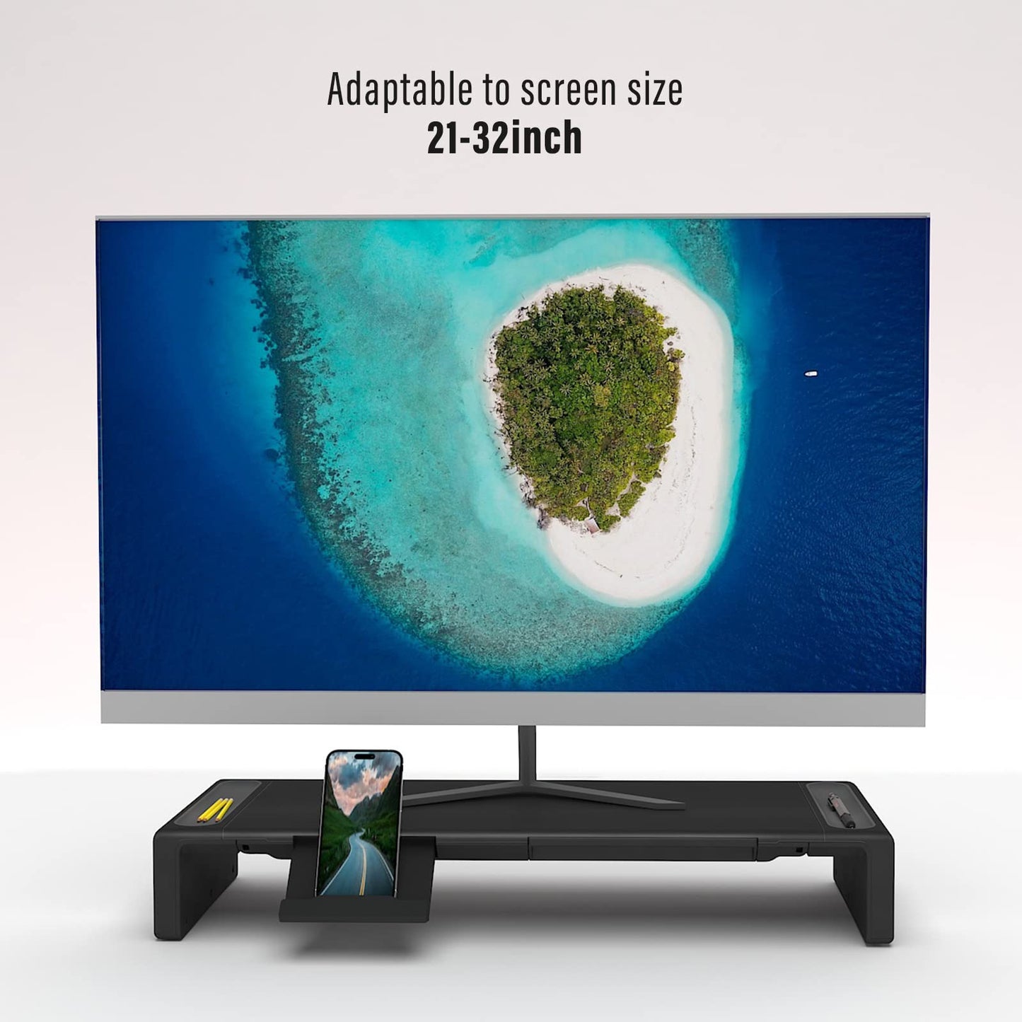 OImaster Monitor Stand Riser, Foldable Computer Monitor Riser, Adjustable Length Computer Stand and Storage Drawer & Pen Slot, Phone Stand Compatible Computer, Desktop, Laptop, Save Space (Black-Basic)