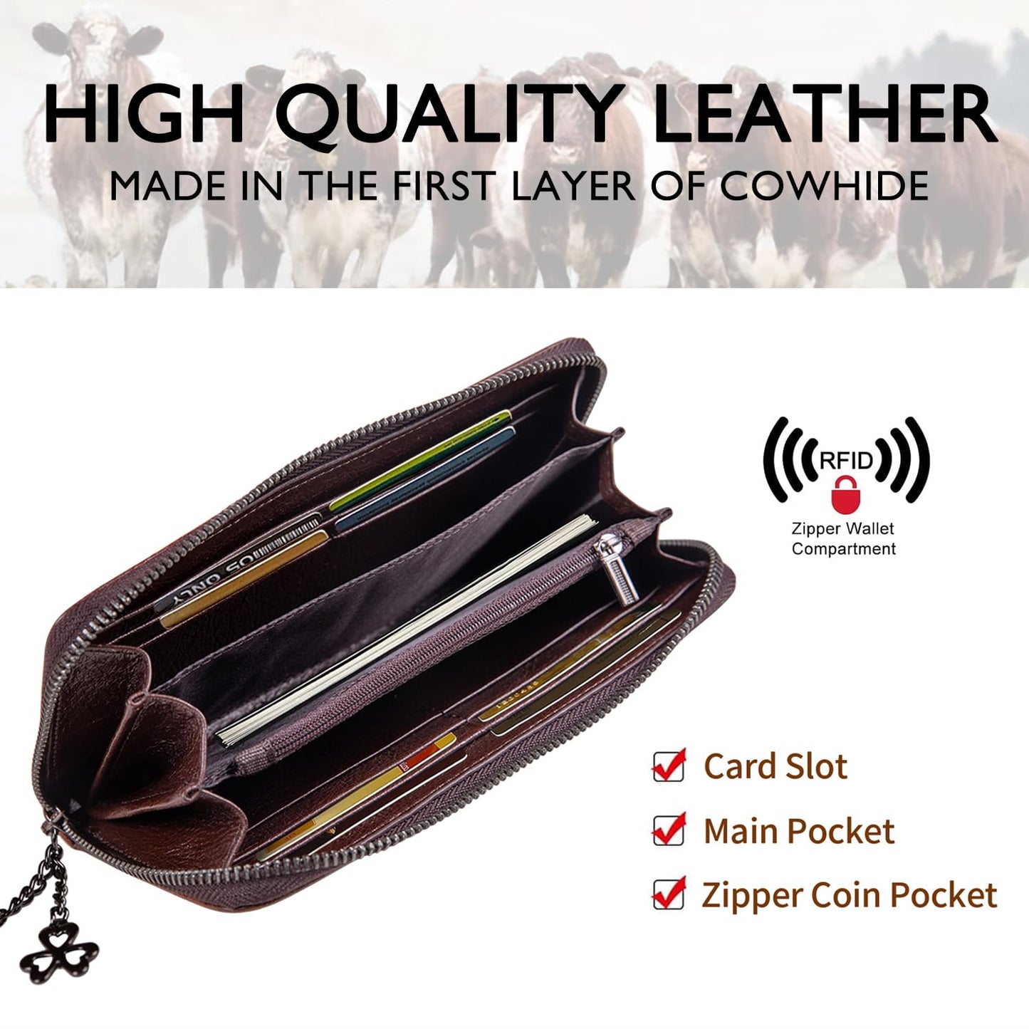 SHARPAD Wallet Genuine Leather for Women - with RFID Blocking Card checkbook ID Slot Large Capacity Vintage style (flower brown)