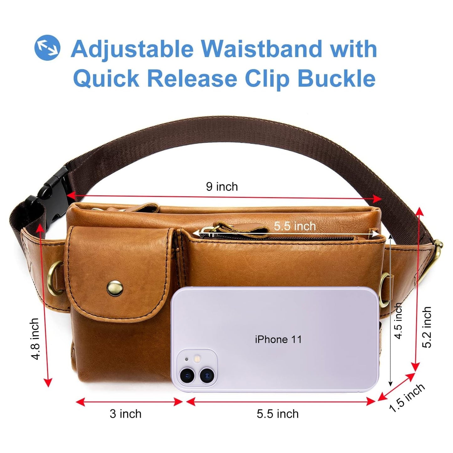 NIUCUNZH Cowhide Waist Fanny Pack-Genuine Leather and Slim with Adjustable Waistband Brown
