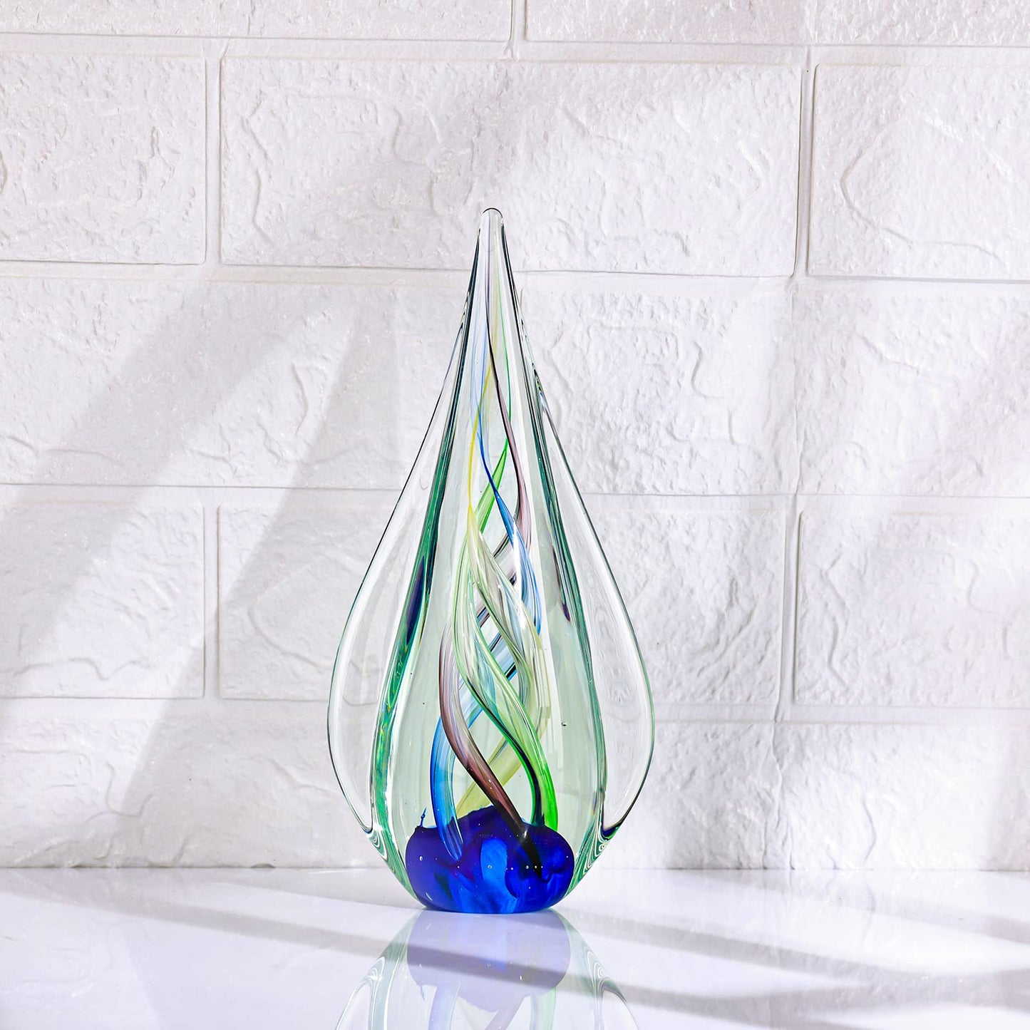 LCCCK 9" Tall Sculpture Hand Blown Glass Decor, Paperweight for Office Desk, Modern Glass Art Figurines Mediterranean Beach House Decor, Living Room Coffee Shelves Table Top Decoration (Aqua)