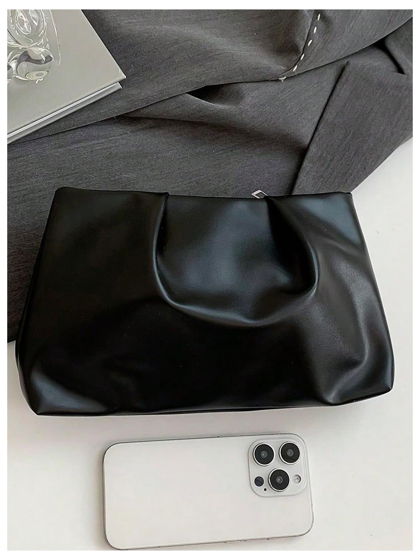 OYOANGLE Women's PU Leather Clutch Purses Small Zipper Ruched Minimalist Handbag Black One Size
