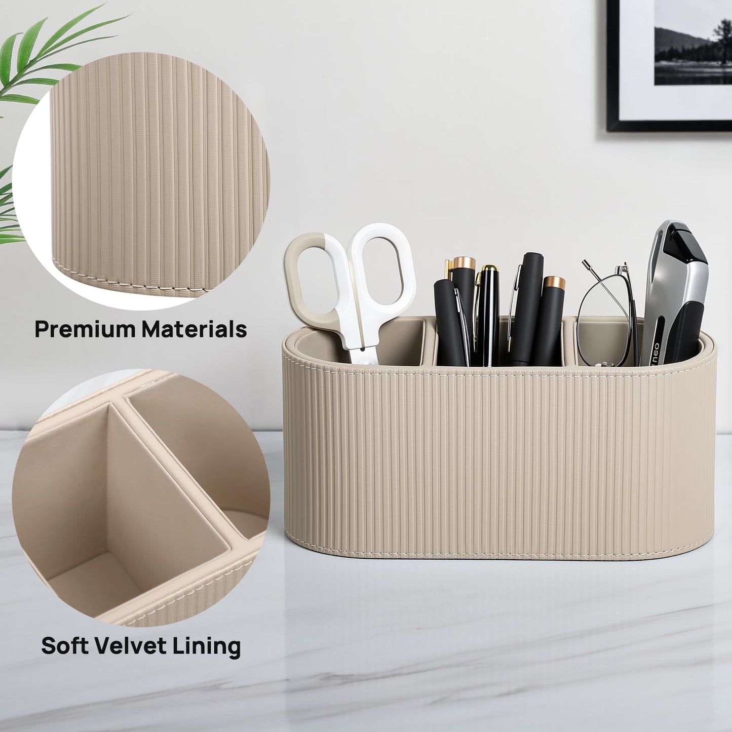 Cretkhp Aesthetic Remote Control Holder, PU Leather Pen Holder for Desk with 3 Compartments for Home Office Supplies and Accessories, Stylish Bedside Remote Holder Nightstand Desktop Organizer (Beige)