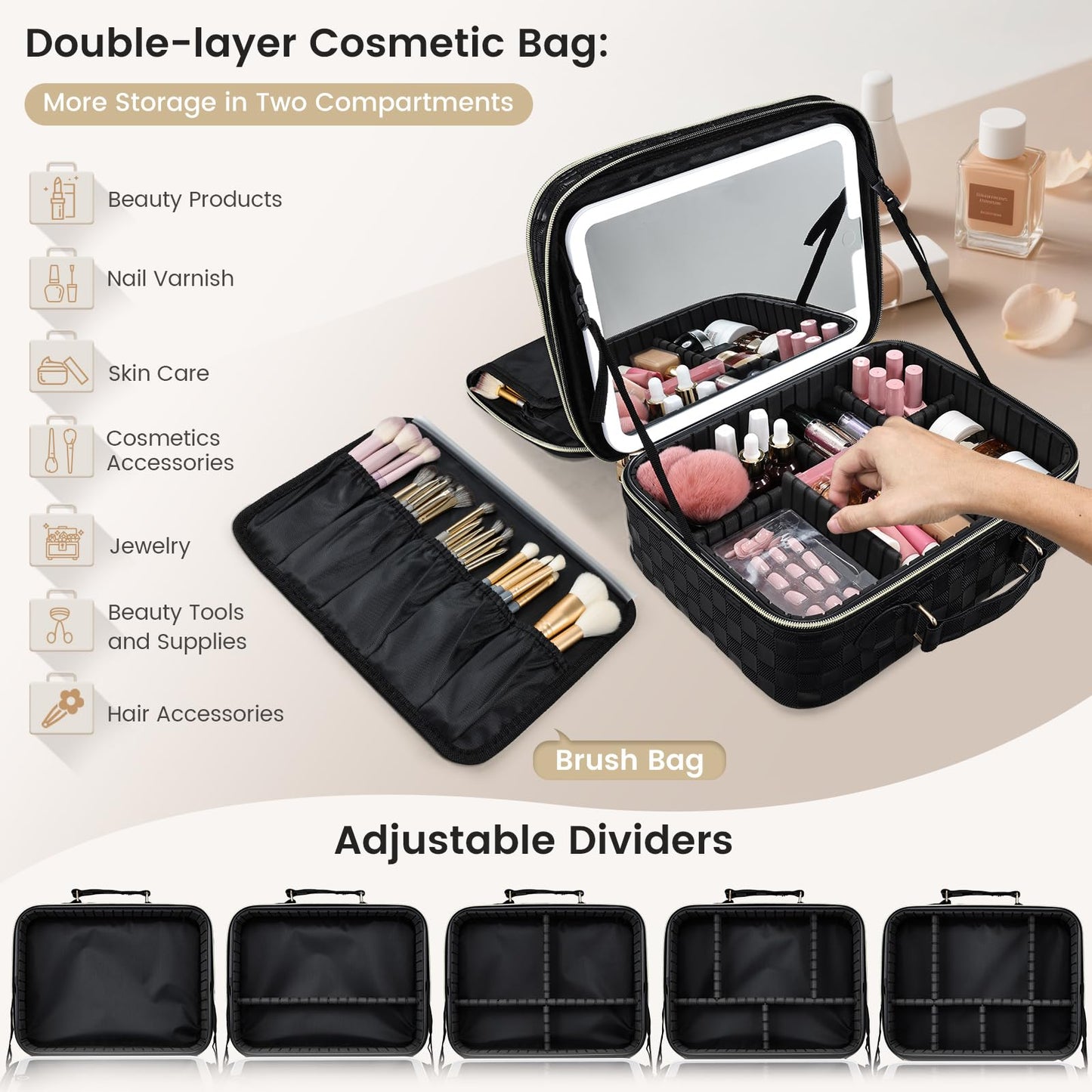 Makeup Bag with LED Lighted Mirror 12.2 IN Cosmetic Train Case Double Layer Makeup Case Adjustable Brightness in 3 Colors Cosmetic Organizer Artist Storage with Brush Holder Vanity Black Checkerboard