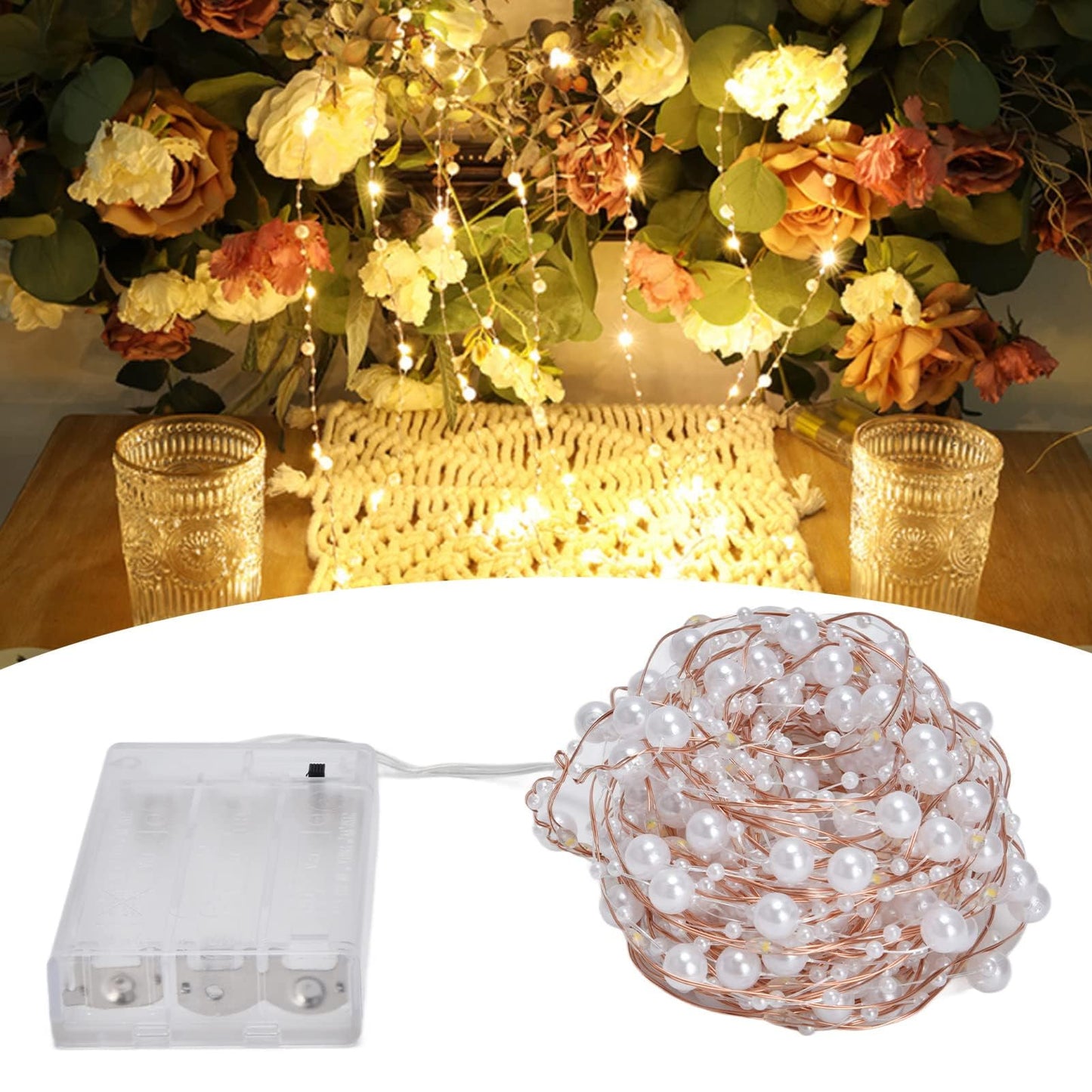 Kukyller 2PCS 32.8ft LED Fairy Lights Battery Operated, Ocean Pearl Beads String Lights, Pearl Fairy Copper Wire Lights for Home Bedroom Classroom Dorm Wedding Christmas Decor (10m)