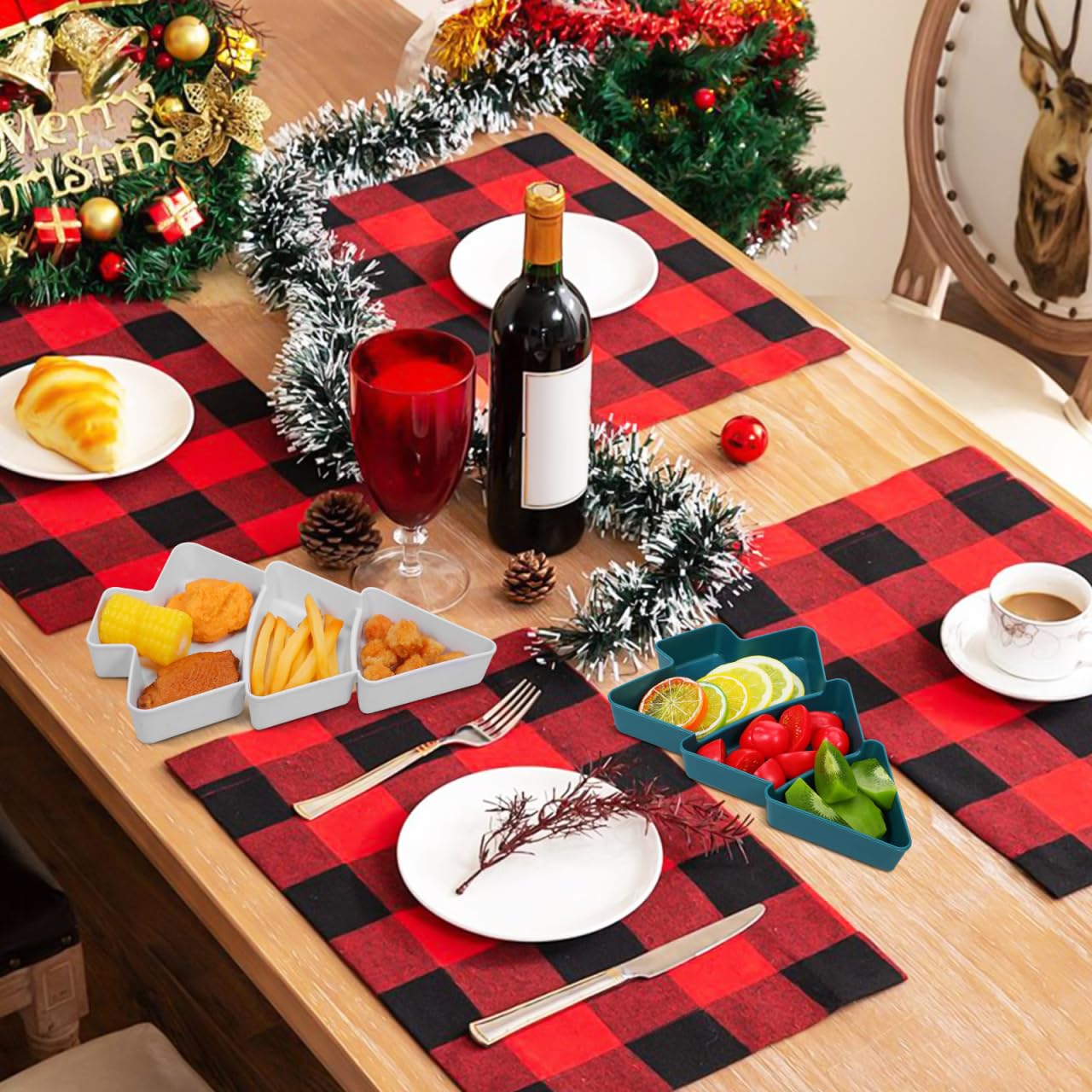 DEARMAMY Christmas Tree Snack Tray Set of 3 - Red Green White Plastic Divided Serving Plates for Holiday Parties, Candy, Nuts, Fruits, And Appetizers, Christmas Tree Shaped Platters for Entertaining