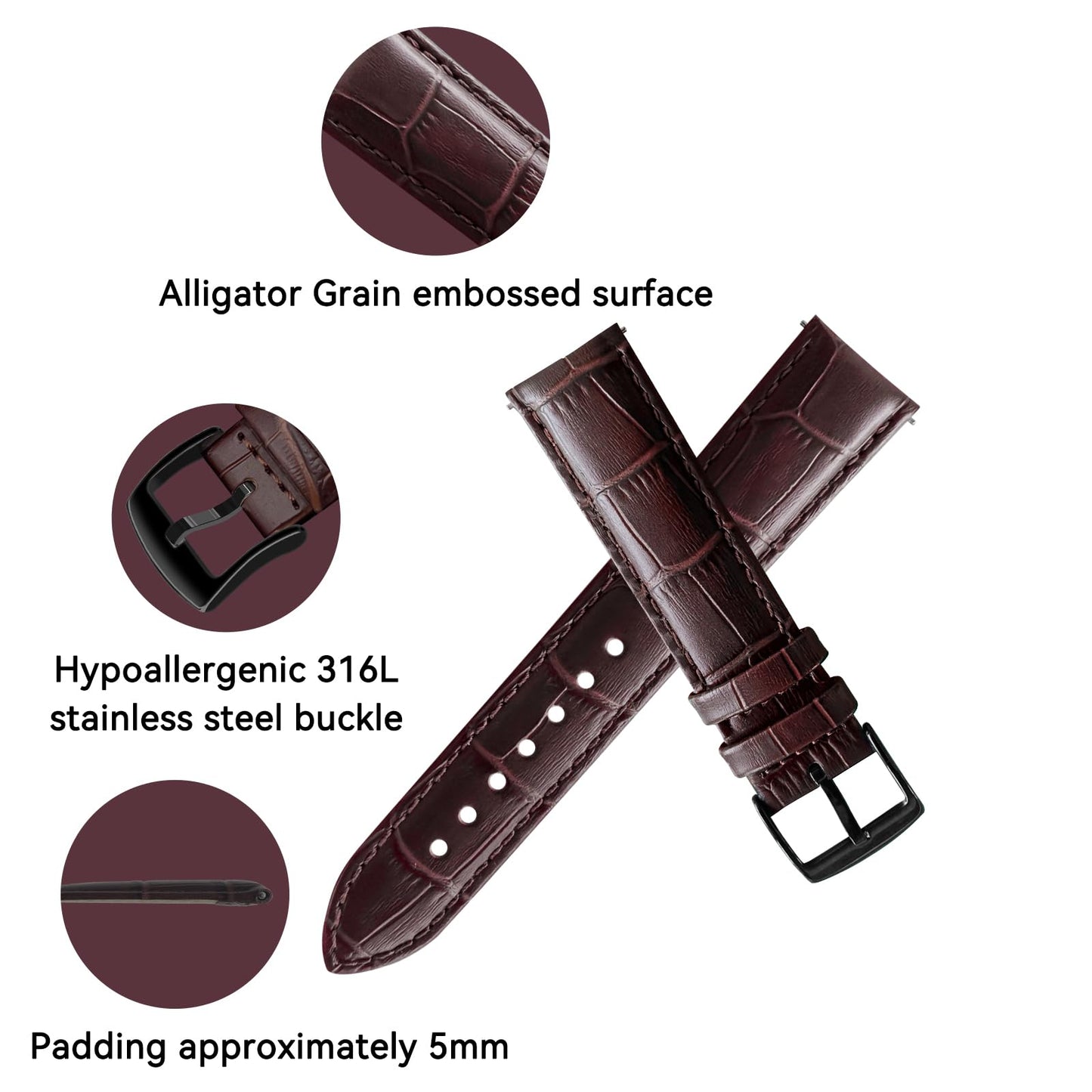 RBIPO 22mm Leather Watch Band Alligator Grain Quick Release Replacement Watch Strap for Men and Women