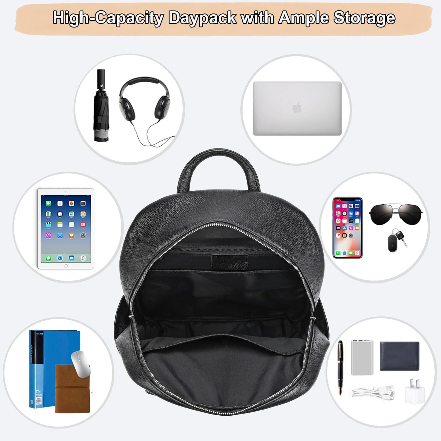Yevabo Genuine Leather 15.6 Inch Laptop Backpack for Men, Multi Pocket Casual Daypack Shoulder Bag for Business Travel Outdoor, Black