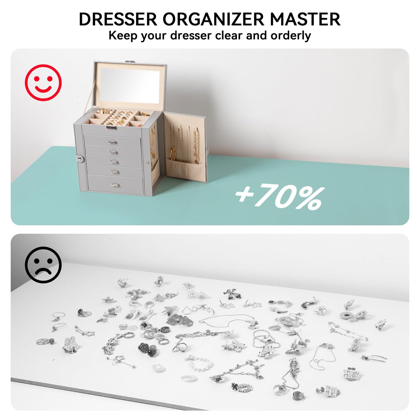 Frebeauty Large Jewelry Box,6-Tier PU Leather Jewelry Organizer,Multi-functional Storage Case with Mirror,Accessories Holder with 5 Drawers for Necklace Bracelets Watches(Grey)
