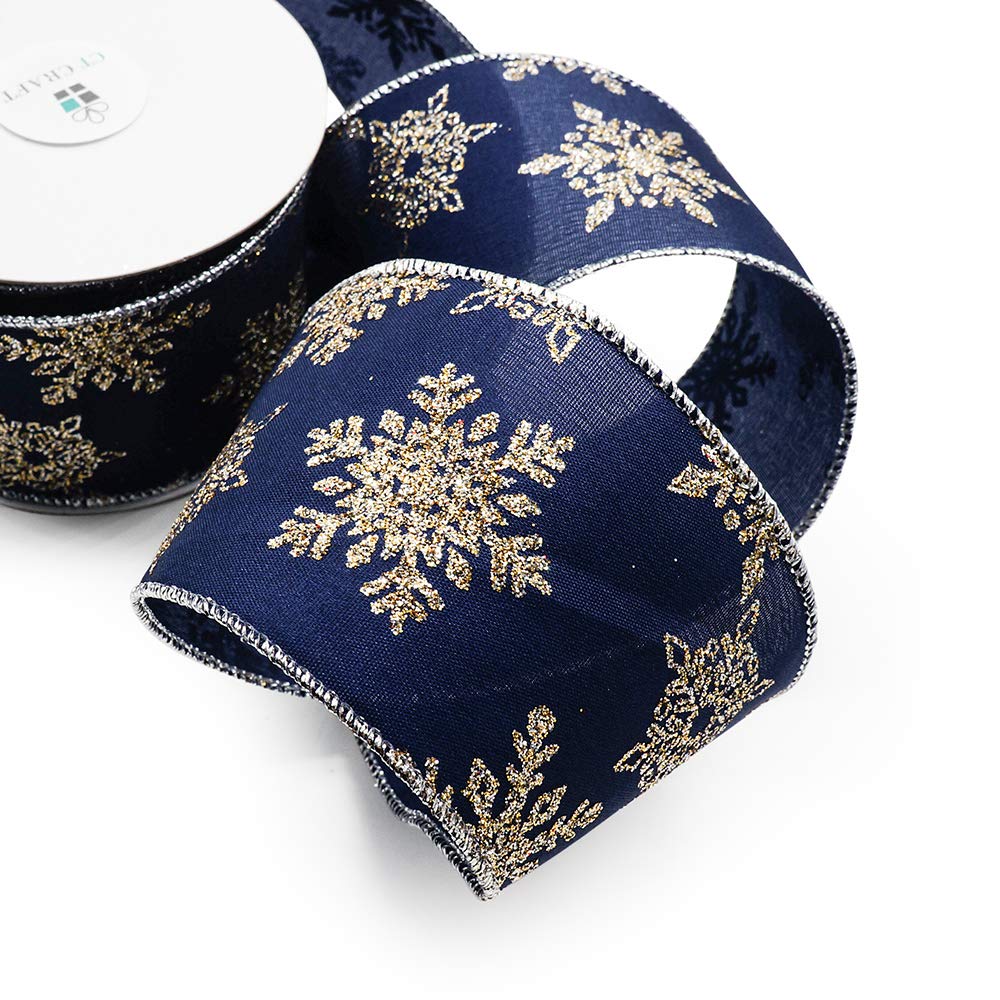 CT CRAFT LLC Navy Satin Gold Snowflake Wired Ribbon 2.5 Inch x 10 Yards for Christmas Home Decor Tree Topper Bow Gift Wrapping DIY Crafts Wreath Garland